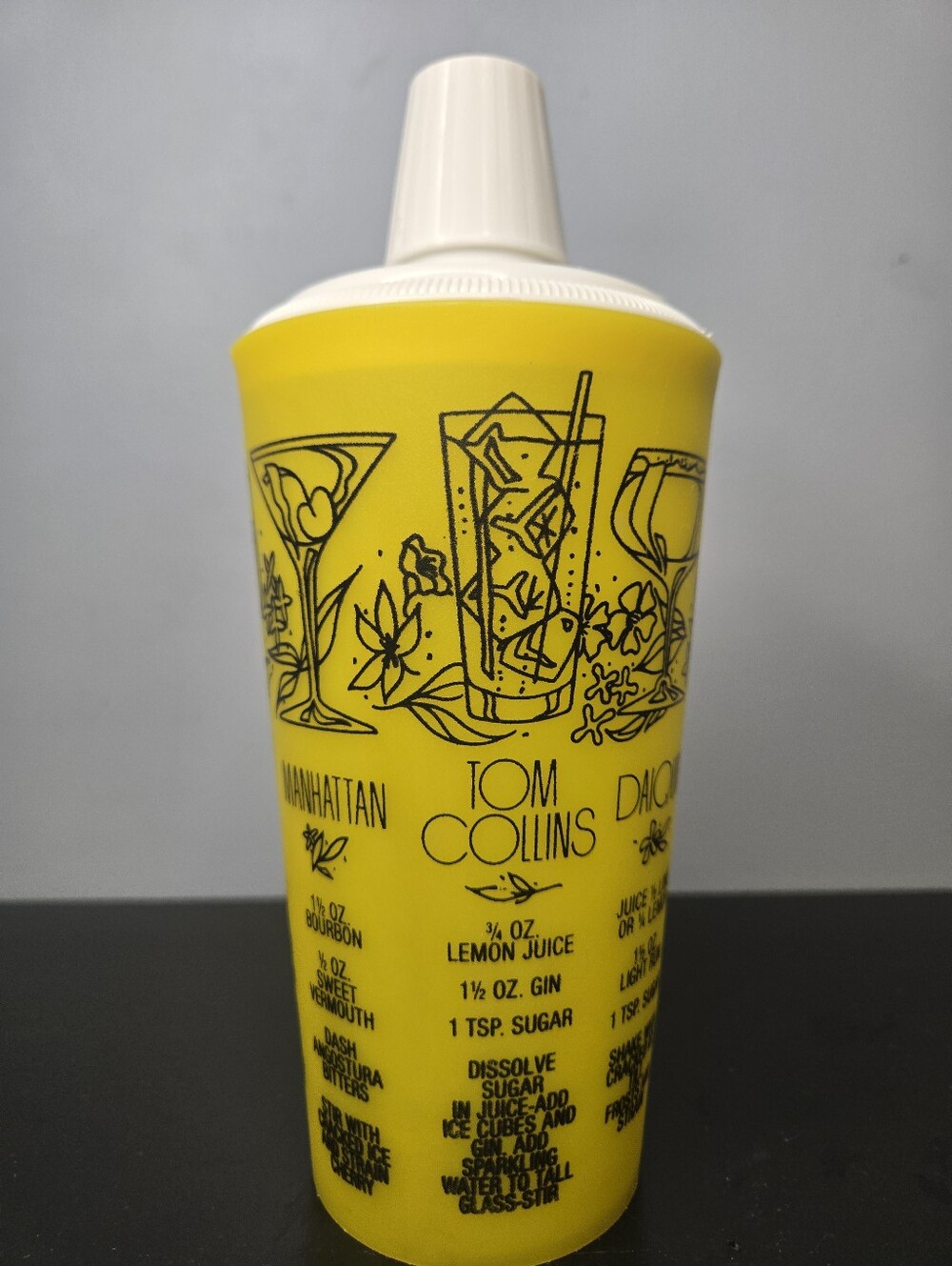 Vintage MCM 1960s Yellow Cocktail Shaker w Cap+ Strainer + Cocktail Recipes
